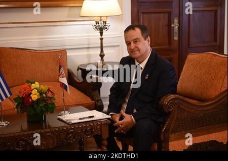 Athens, Greece. 08th Nov, 2022. First deputy Prime Minister of Serbia and Minister of Foreign Affairs Ivica Da?i?, during the meeting with Greek Minister of Foreign Affairs Nikos Dendias. (Photo by Dimitrios Karvountzis/Pacific Press) Credit: Pacific Press Media Production Corp./Alamy Live News Stock Photo