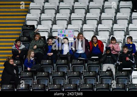 Swansea, Wales. 8 November 2022. A group of young Swansea City fans hold up a sign during the Professional Development League game between Swansea City Under 21 and Queens Park Rangers Under 21 at the Swansea.com Stadium in Swansea, Wales, UK on 8 November 2022. Credit: Duncan Thomas/Majestic Media/Alamy Live News. Stock Photo