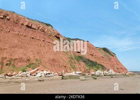 Eroded, collapsing red sandstone coastal cliffs and fallen rocks ...