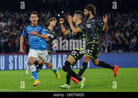 Napoli, Italy. 08th Nov, 2022. Hirving Lozano of SSC Napoli celebrates after scoring on penalty the goal of 1-0 during the Serie A football match between SSC Napoli and Empoli FC at Diego Armando Maradona stadium in Napoli (Italy), November 8th, 2022. Photo Cesare Purini/Insidefoto Credit: Insidefoto di andrea staccioli/Alamy Live News Stock Photo