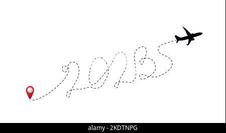 Airplane 2023 dotted path, aircraft tracking. vector illustration. Stock Vector