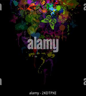 Abstract multicolored butterflies with splashes of paint. on a black background Vector illustration Stock Vector