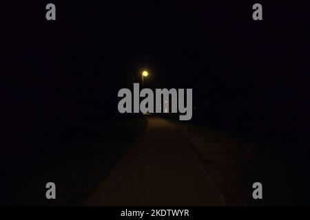 Path  with street lamps in a park by the lakeshore at night Stock Photo
