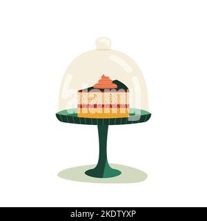 Cake slice on stand with glass dome vector icon Stock Vector