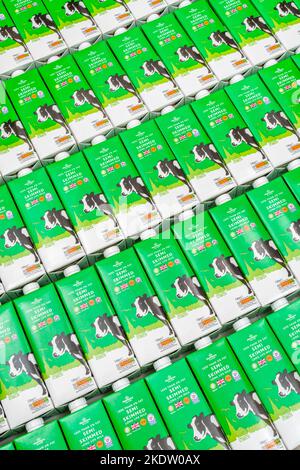 1 Litre paper carton units of Morrison's own-label long-life UHT semi-skimmed milk. For British food produce, UK dairy industry, supply chain crisis. Stock Photo