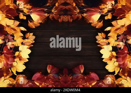 Frame of autumn leaves on a wooden background. Illustration Stock Photo
