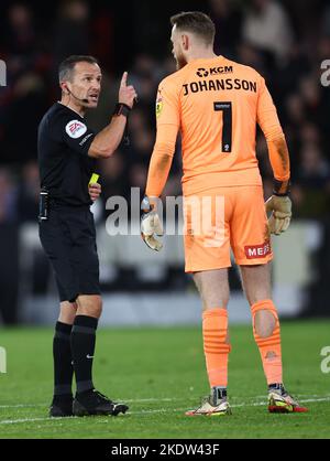 Sheffield, UK. 8th Nov, 2022. Referee Keith Stroud warns Viktor Johansson of Rotherham during the Sky Bet Championship match at Bramall Lane, Sheffield. Picture credit should read: Darren Staples/Sportimage Credit: Sportimage/Alamy Live News Stock Photo