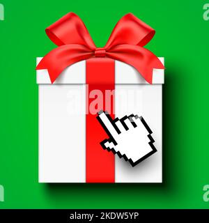 Mouse cursor hand clicking on a wrapped white gift box. Online shopping concept banner vector design.  Stock Vector