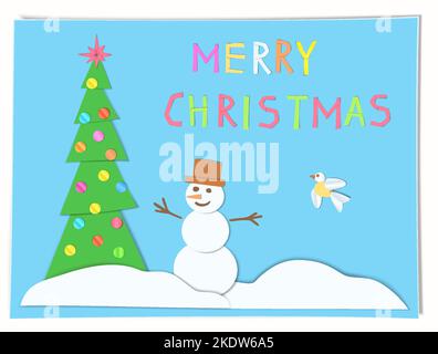 Happy New Year greeting card with paper cut effect. Imitation children's applique art. Stock Vector