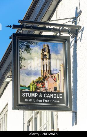 The Stump & Candle Pub sign, Market Place, Boston, Lincolnshire, England, United Kingdom Stock Photo