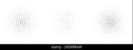 Faded concentric circles set. Dotted grainy rings set. Stippled gradient epicentre, radar or target concept . Grain noise sound wave. Vector Stock Vector