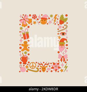 Retro frame with 70s style Christmas elements. Stock Vector