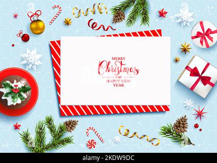 Light blue holiday background with Christmas pudding, candy cane, stars, snowflakes and Christmas tree branches. Festive template. Stock Vector