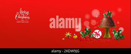 Red festive banner with Christmas pudding, decor and holly branches. Winter template with place for text. Stock Vector