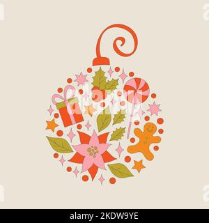 Retro frame with 70s style Christmas elements. Stock Vector