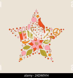 Retro frame with 70s style Christmas elements. Stock Vector