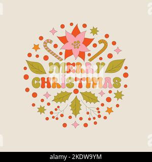 Retro frame with 70s style Christmas elements. Stock Vector