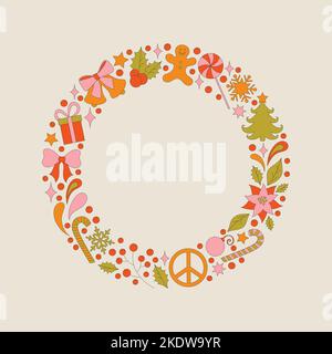 Retro frame with 70s style Christmas elements. Stock Vector