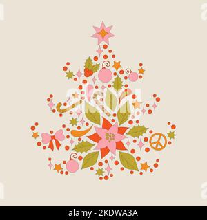 Retro frame with 70s style Christmas elements. Stock Vector