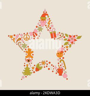 Retro frame with 70s style Christmas elements. Stock Vector