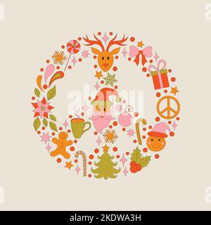 Retro frame with 70s style Christmas elements. Stock Vector