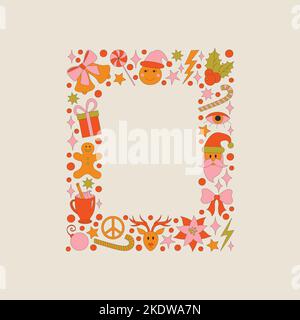 Retro frame with 70s style Christmas elements. Stock Vector