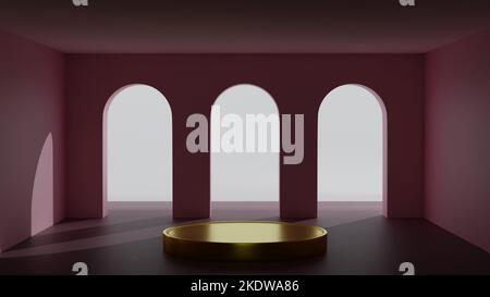 Podium in empty room with aches window in the wall with sun light and shadow, 3d rendering. Stock Photo