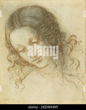 Head of Leda. Date/Period: Ca.1504 - ca.1506. Drawing. Pen and ink over black chalk on paper. Height: 177 mm (6.96 in); Width: 147 mm (5.78 in). Title: The head of Leda  Creator: Leonardo da Vinci  Date: c.1505-8 Dimensions: 17.7 x 14.7 cm (sheet of paper) Medium: Black chalk, pen and ink Location: Royal Collection Stock Photo