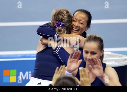 Great Britain's Anne Keothavong celebrates with Alicia Barnett following day one of the Billie Jean King Cup Group Stage match between Kazakhstan and Great Britain at the Emirates Arena, Glasgow. Issue date: Tuesday November 8, 2022. Stock Photo