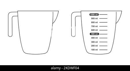 1 liter volume measuring cups with and without capacity scale. Liquid containers for cooking. Vector graphic illustration. Stock Vector