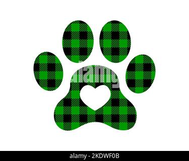 Dog paw silhouette with black and green Christmas buffalo pattern. Canine footprint with gingham checkered print. Vector flat illustration. Stock Vector
