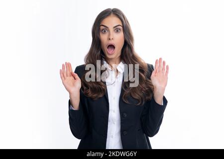 Screaming hate rage woman face. Emotional angry woman screaming on studio isolated background. Human emotions, expressive facial expressions. Panic Stock Photo