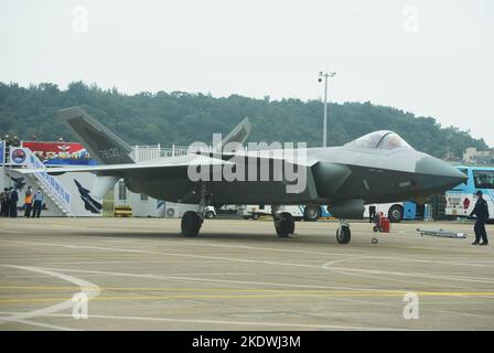 ZHUHAI, CHINA - NOVEMBER 8, 2022 - The Chengdu J-20 stealth fighter jet is on static display at the Airshow China in Zhuhai, Guangdong province, China Stock Photo