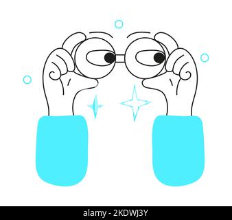 Hands hold binoculars vector in doodle, online style. Human looking through binoculars. Search engine concept in line art style. Stock Vector