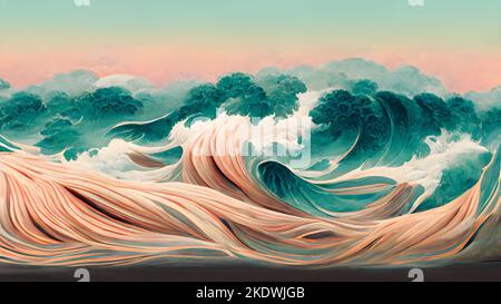 Japanese illustration of great ocean waves as wallpaper (Style by Katsushika Hokusai) Stock Photo