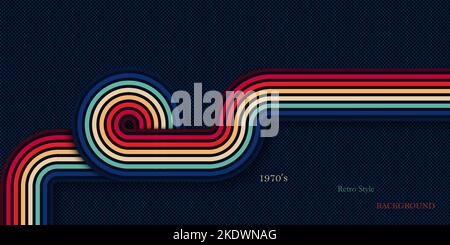 Retro style background with colorful curved lines and dark navy vintage design Stock Vector