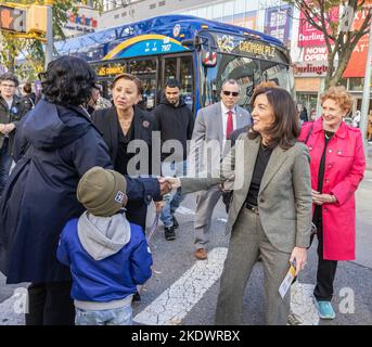 BROOKLYN, N.Y. — November 8, 2022: Rep. Nydia Velazquez (D-NY), middle-left, and New York Gov. Kathy Hochul (D), middle-right, campaign in Brooklyn. Stock Photo