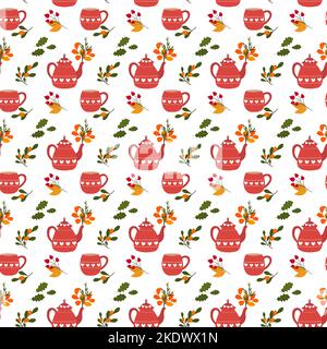 A pattern with a cup and a teapot. Bouquets of autumn leaves and berries, Vector illustration.  Stock Vector
