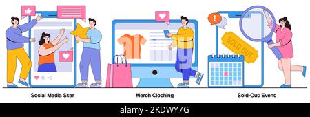 Social media star, merch clothing, sold-out event concept with tiny people. Celebrity media engagement vector illustration set. Account monetization, Stock Vector