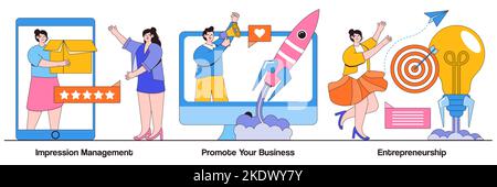 Impression management, promote your business, entrepreneurship concept with tiny people. Business success vector illustration set. Personal brand stra Stock Vector