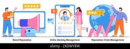 Brand reputation, online identity management, reputation crisis management concept with tiny people. Business public relations vector illustration set Stock Vector