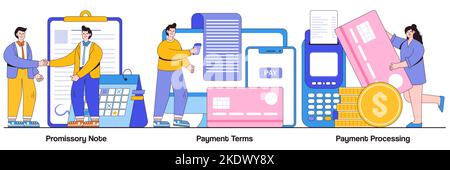 Promissory note, payment terms, payment processing concept with tiny people. Money loan contract abstract vector illustration set. Exchange bill, onli Stock Vector
