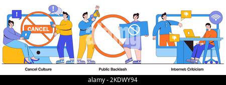 Cancel culture, public backlash, Internet criticism concept with tiny people. Social media behavior vector illustration set. Group shaming, boycott, h Stock Vector