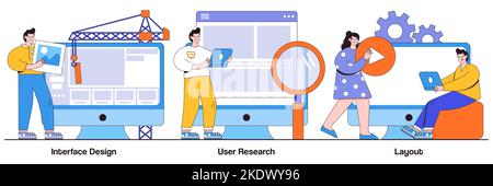 Interface design, user research, layout concept with tiny people. User interface development abstract vector illustration set. Landing page, responsiv Stock Vector
