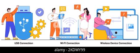 USB connection, Wi-Fi distance device connection concept with tiny people. Remote connected devices abstract vector illustration set. Wireless Interne Stock Vector