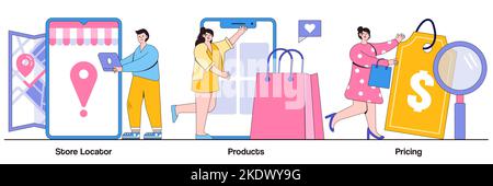 Store locator, product, pricing concept with tiny people. E-commerce website vector illustration set. Website menu bar, find us, service catalog, reta Stock Vector