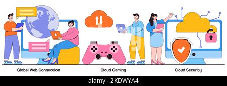 Global web connection, cloud gaming and security concept with tiny people. Cyber security engineering vector illustration set. Network communication, Stock Vector