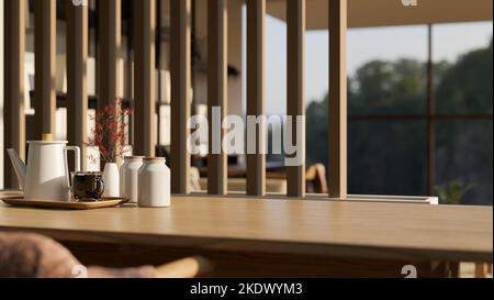 Modern urban wood dining table with tea or coffee set and copy space for your product display in modern wood kitchen or dining room. 3d render, 3d ill Stock Photo