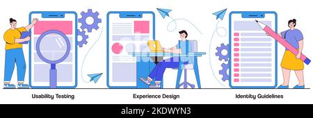 Usability testing, experience design, identity guidelines concept with people character. App prototyping abstract vector illustration set. User friend Stock Vector