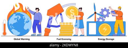 Global warming, fuel economy, energy storage concept with people character. Greenhouse effect, climate change, petroleum industry, electrical power pl Stock Vector